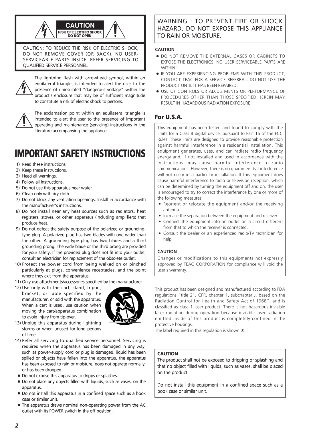 Teac G-0s owner manual For U.S.A, Important Safety Instructions 