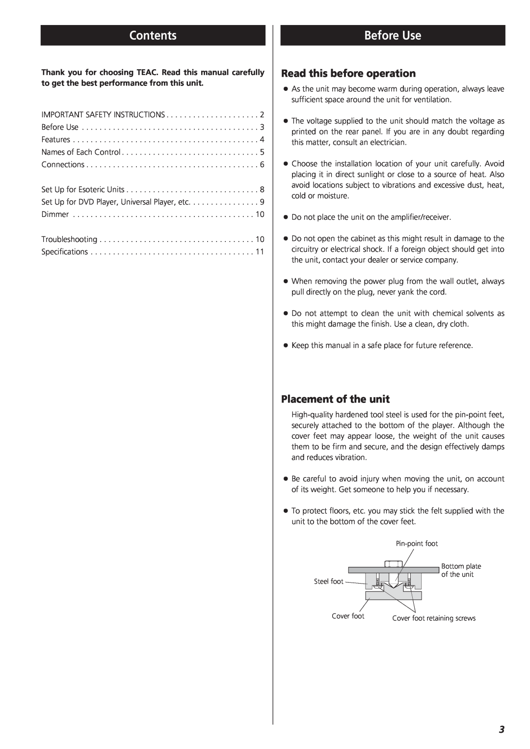 Teac G-0s owner manual Contents, Before Use, Read this before operation, Placement of the unit 