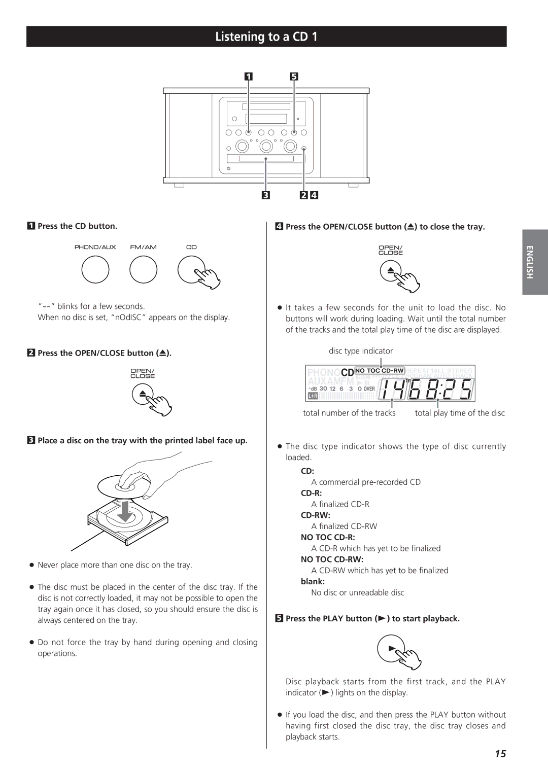 Teac GF-350 owner manual Listening to a CD, Cd-Rw, No TOC CD-RW 