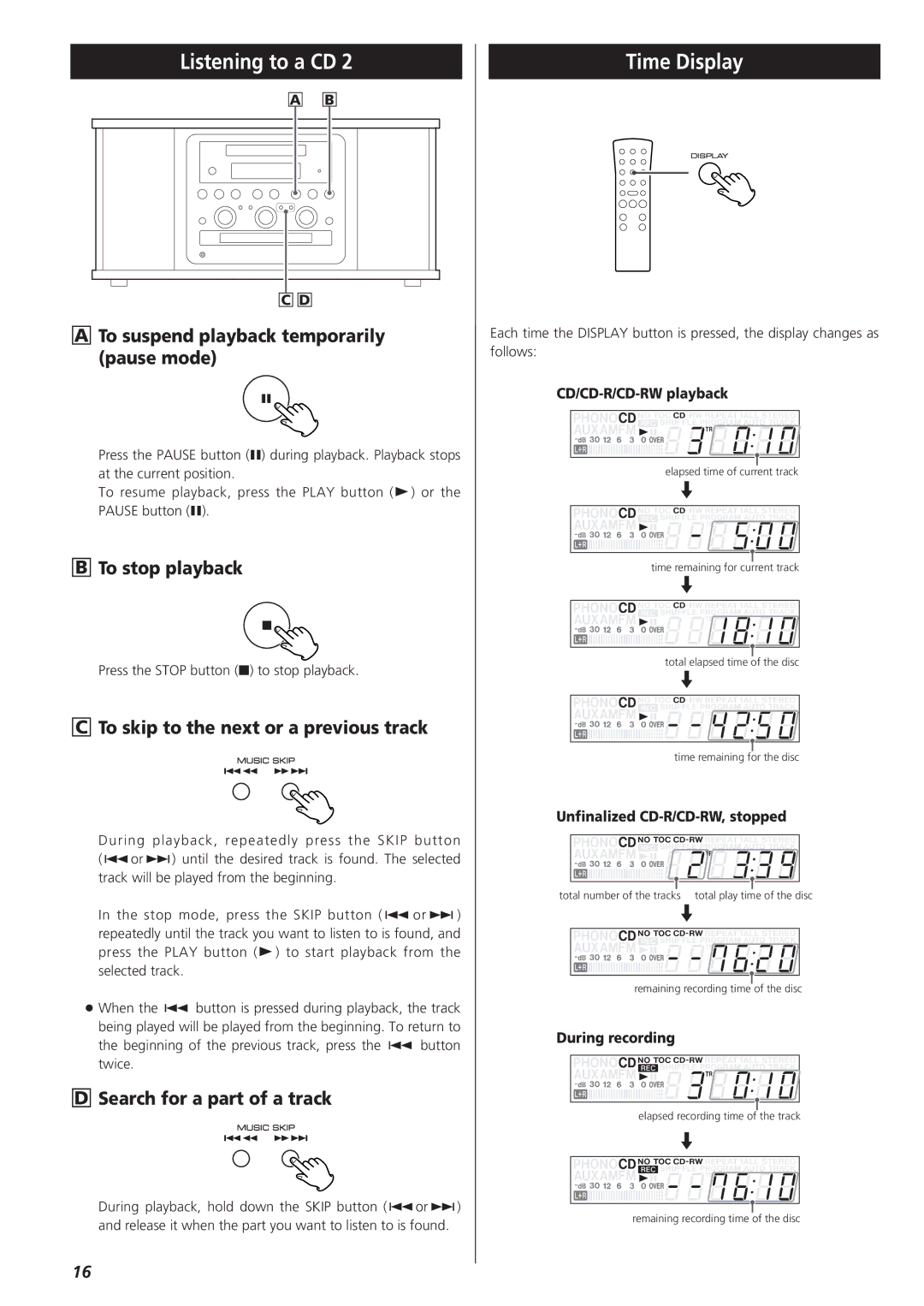 Teac GF-350 Time Display, To suspend playback temporarily pause mode, To stop playback, Search for a part of a track 