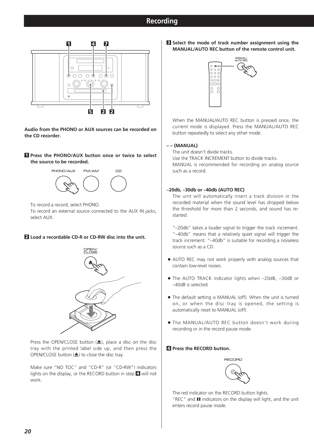 Teac GF-350 Recording, Load a recordable CD-R or CD-RW disc into the unit, Manual, 20db, -30db or -40db Auto REC 