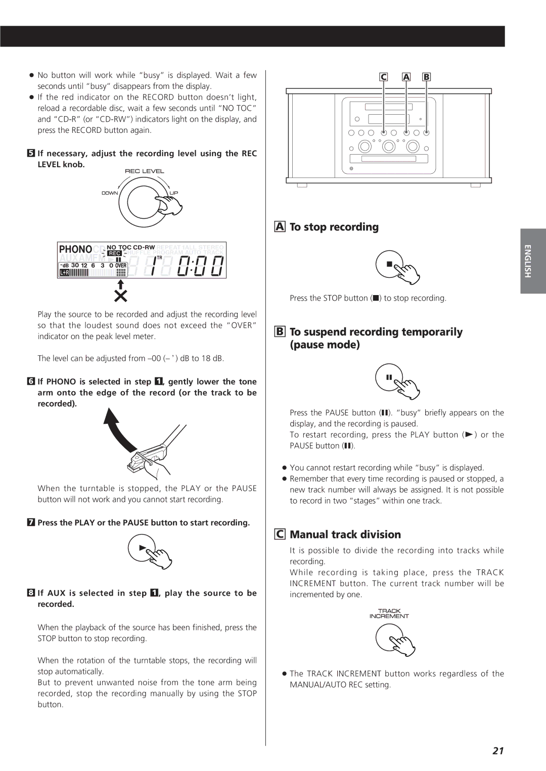 Teac GF-350 owner manual To stop recording, To suspend recording temporarily pause mode, Manual track division 