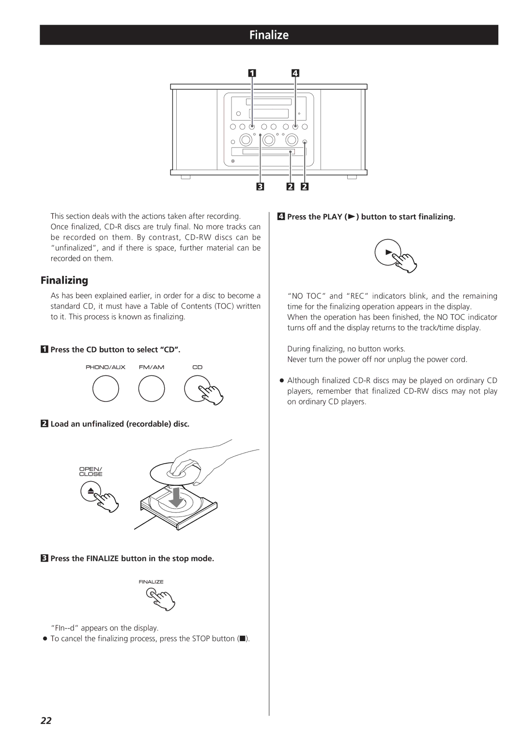 Teac GF-350 owner manual Finalize, Finalizing 