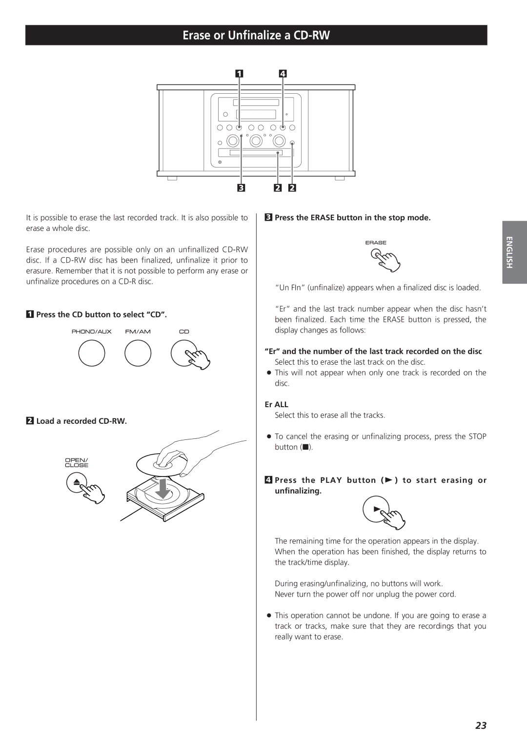 Teac GF-350 owner manual Erase or Unfinalize a CD-RW, Er and the number of the last track recorded on the disc, Er ALL 