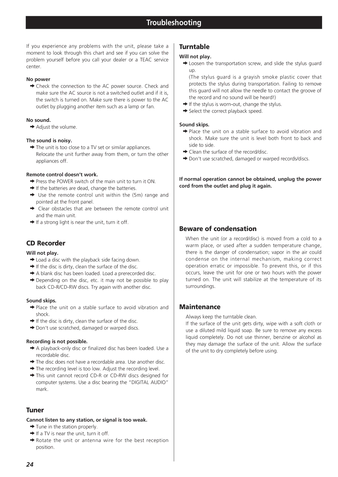 Teac GF-350 owner manual Troubleshooting 