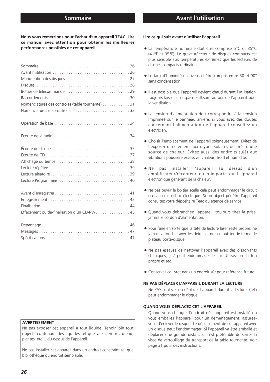 Teac GF-350 owner manual Sommaire, Avant l’utilisation, Avertissement, NE PAS Déplacer L’APPAREIL Durant LA Lecture 