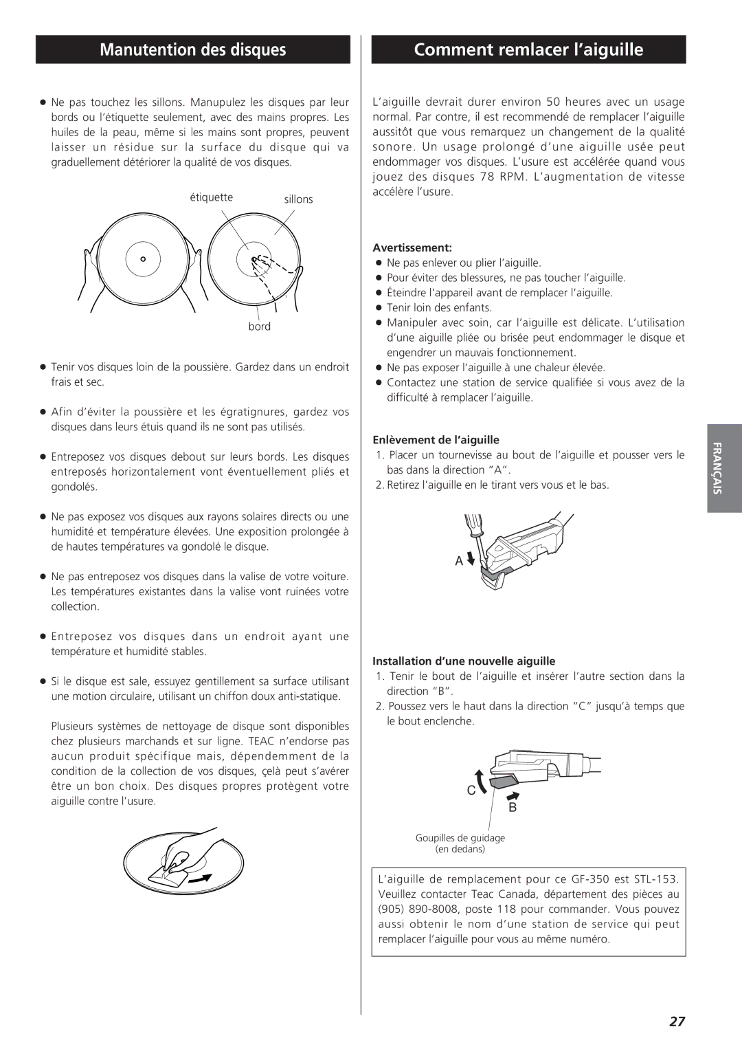 Teac GF-350 owner manual Manutention des disques, Comment remlacer l’aiguille, Avertissement, Enlèvement de l’aiguille 