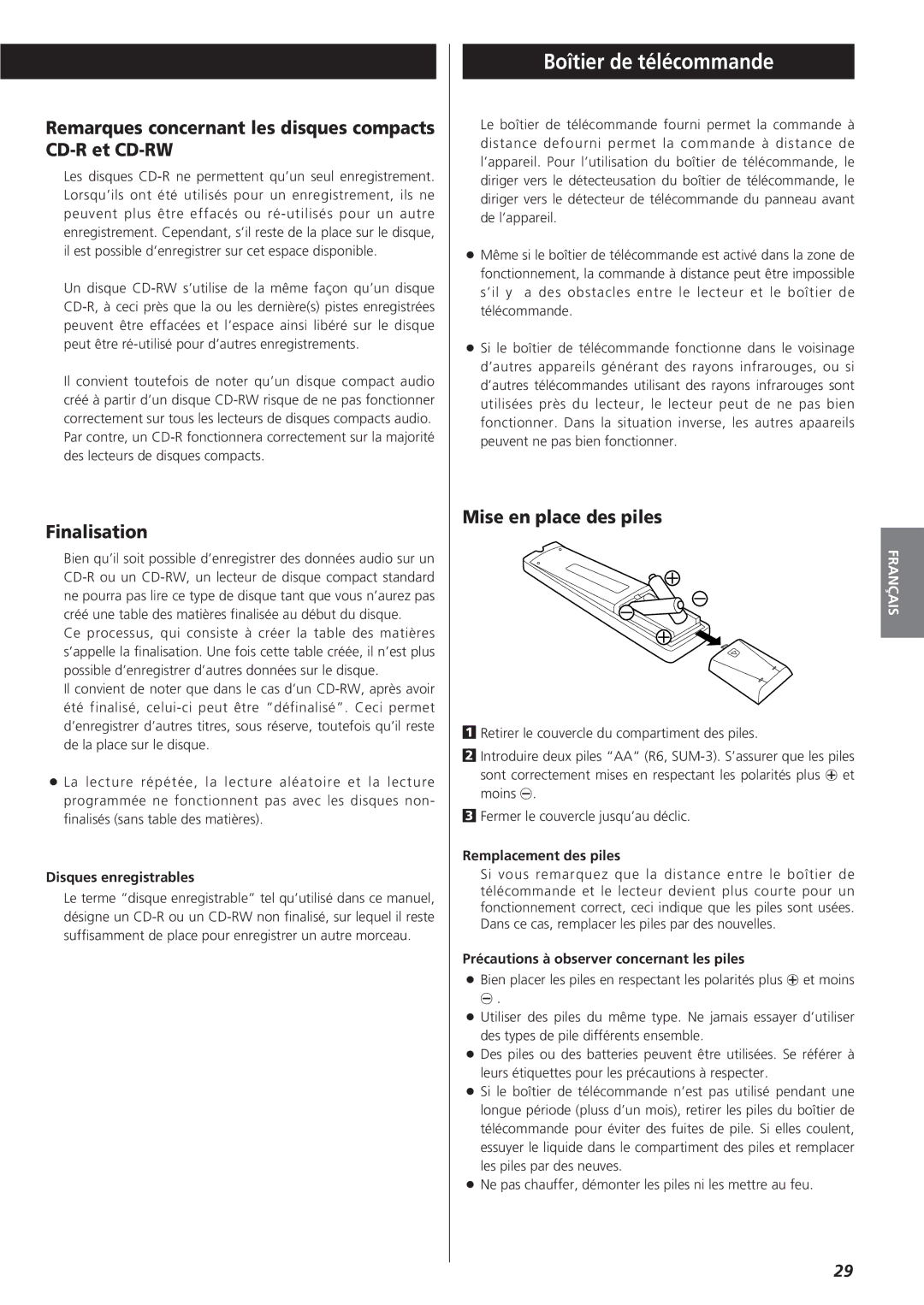 Teac GF-350 owner manual Boîtier de télécommande, Remarques concernant les disques compacts CD-R et CD-RW, Finalisation 