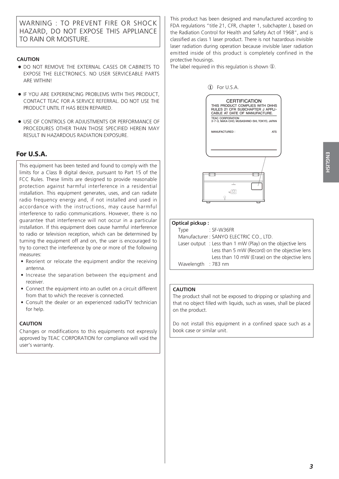 Teac GF-350 owner manual For U.S.A, Type SF-W36FR Manufacturer Laser output 