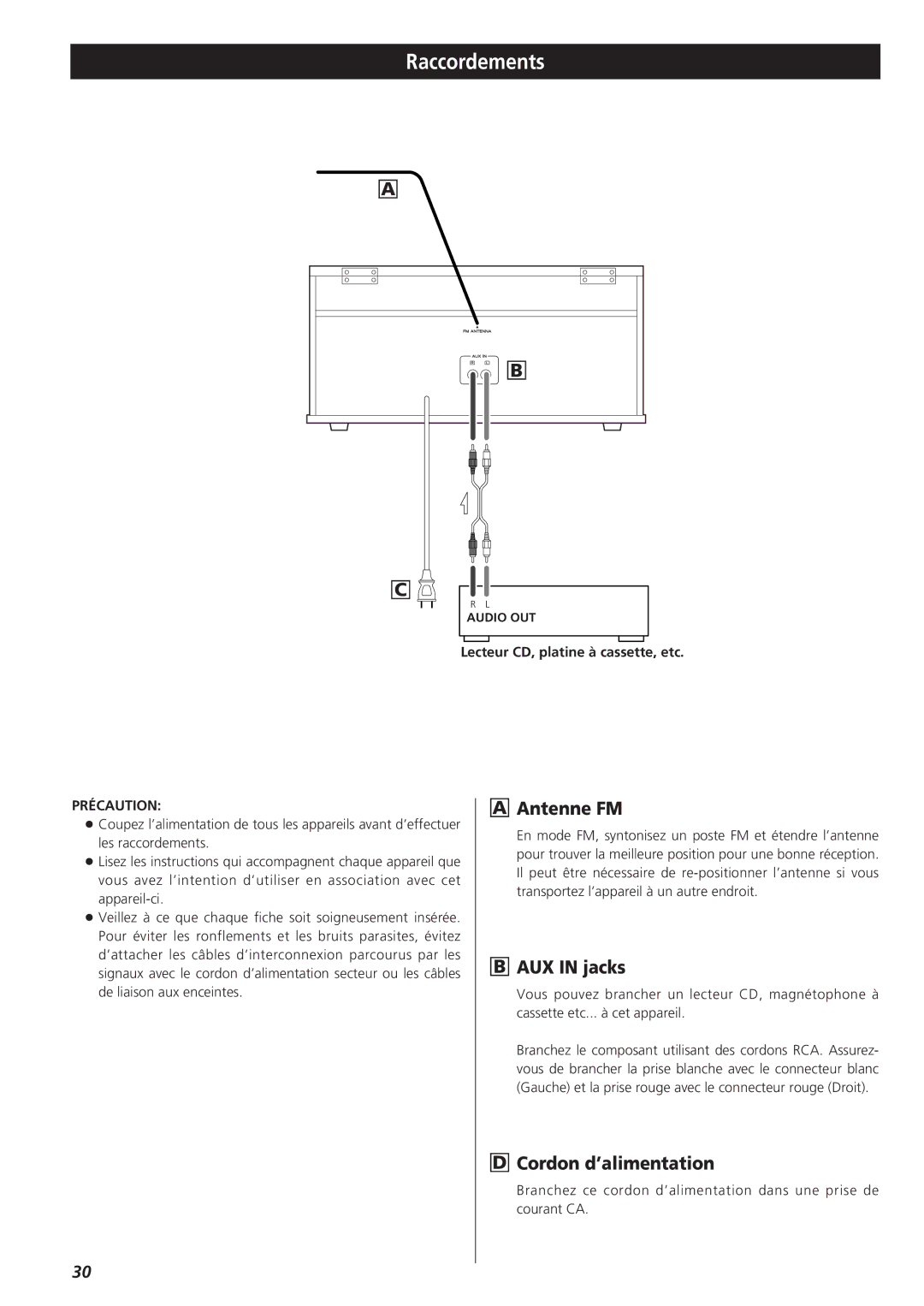 Teac GF-350 owner manual Raccordements, Antenne FM, Cordon d’alimentation, Précaution 