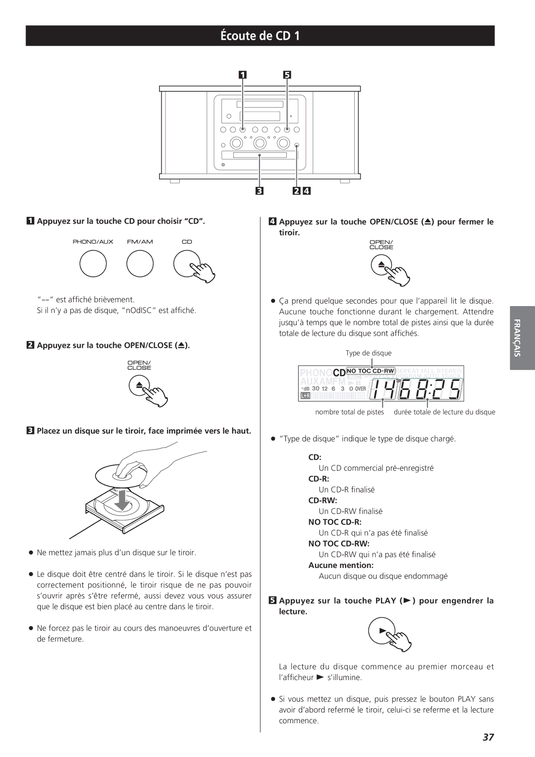 Teac GF-350 owner manual Écoute de CD, Appuyez sur la touche CD pour choisir CD, Aucune mention 