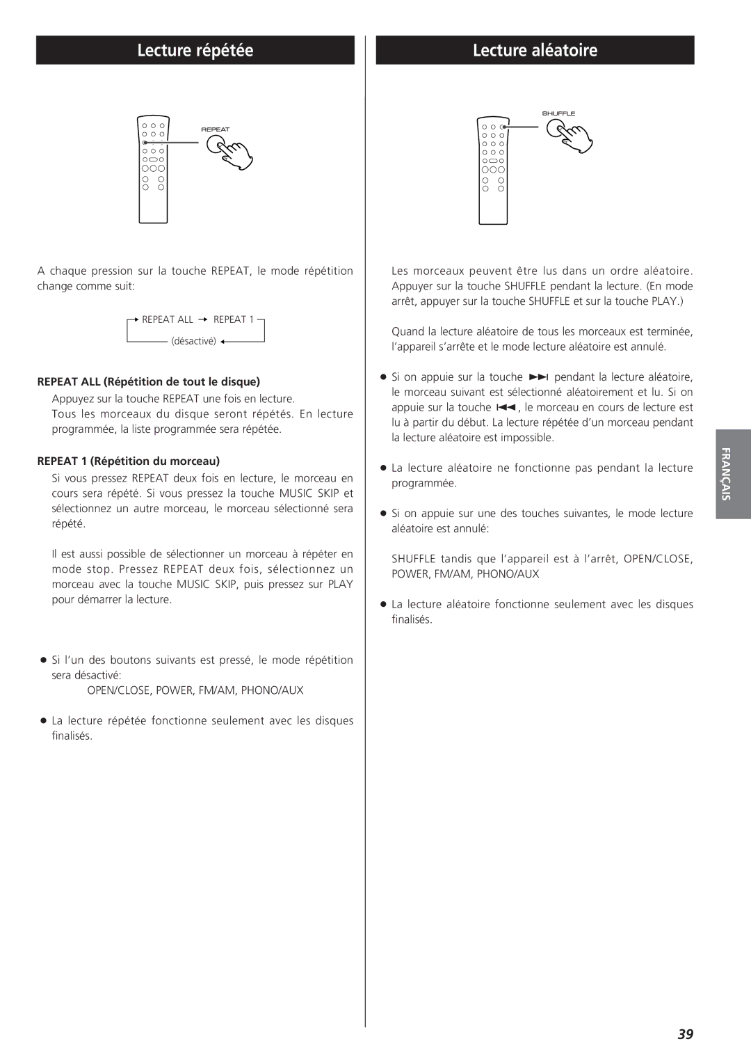 Teac GF-350 Lecture répétée, Lecture aléatoire, Repeat ALL Répétition de tout le disque, Repeat 1 Répétition du morceau 