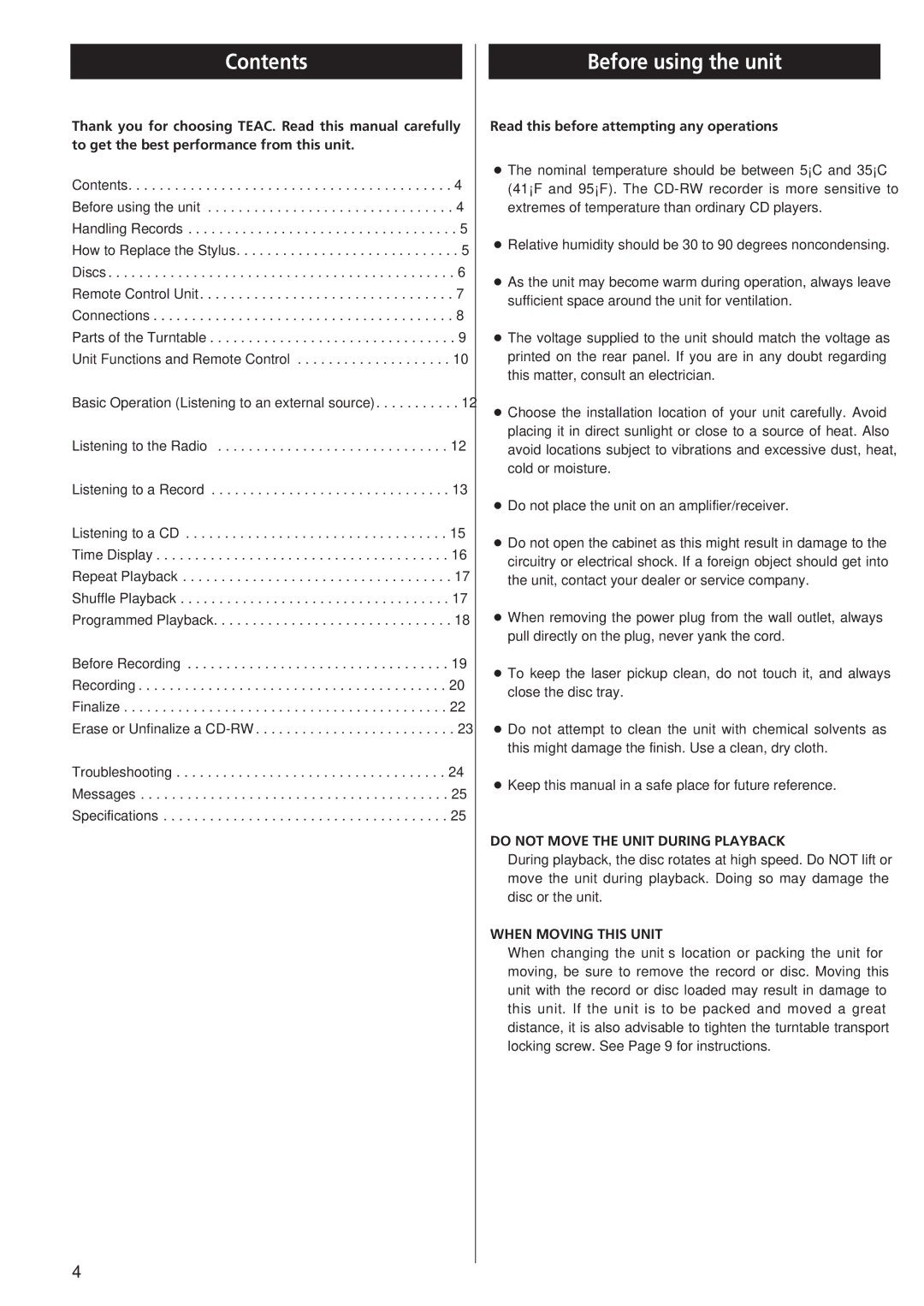 Teac GF-350 owner manual Contents, Before using the unit 