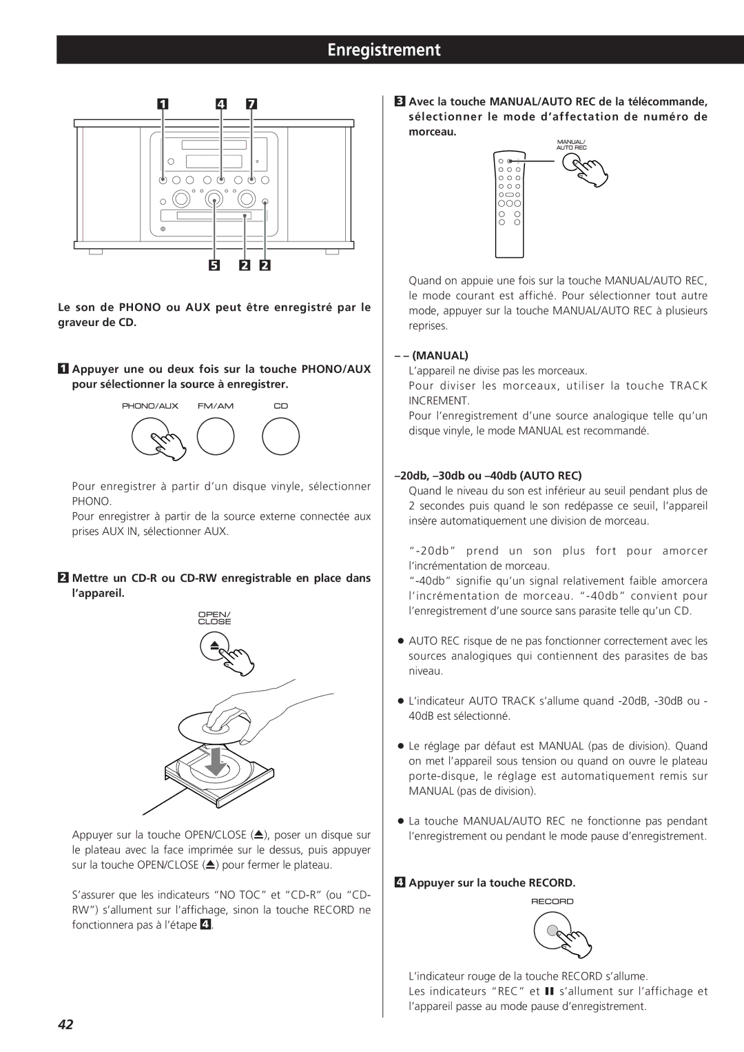 Teac GF-350 Enregistrement, Pour enregistrer à partir d’un disque vinyle, sélectionner, 20db, -30db ou -40db Auto REC 
