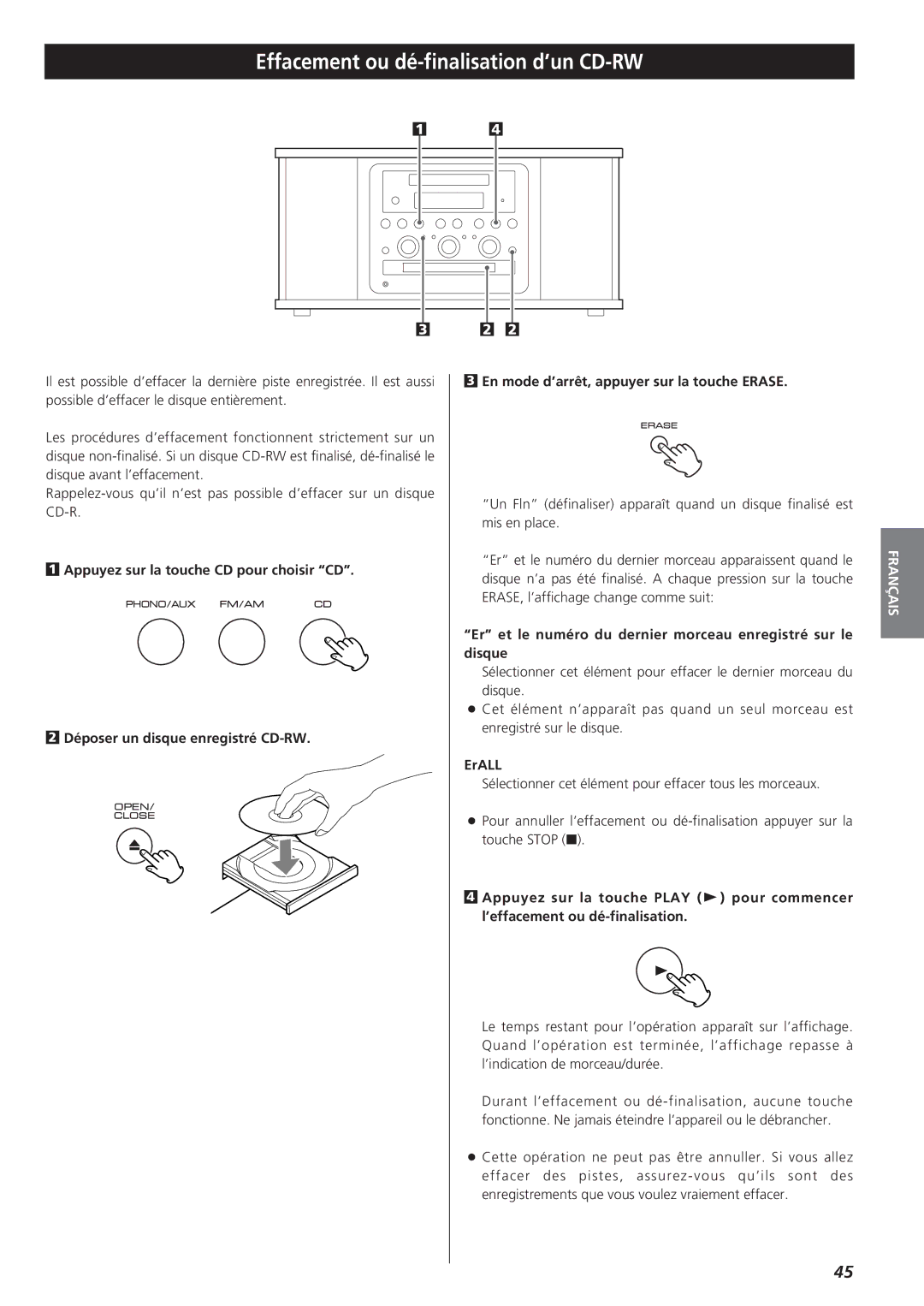 Teac GF-350 Effacement ou dé-finalisation d’un CD-RW, Er et le numéro du dernier morceau enregistré sur le disque, ErALL 