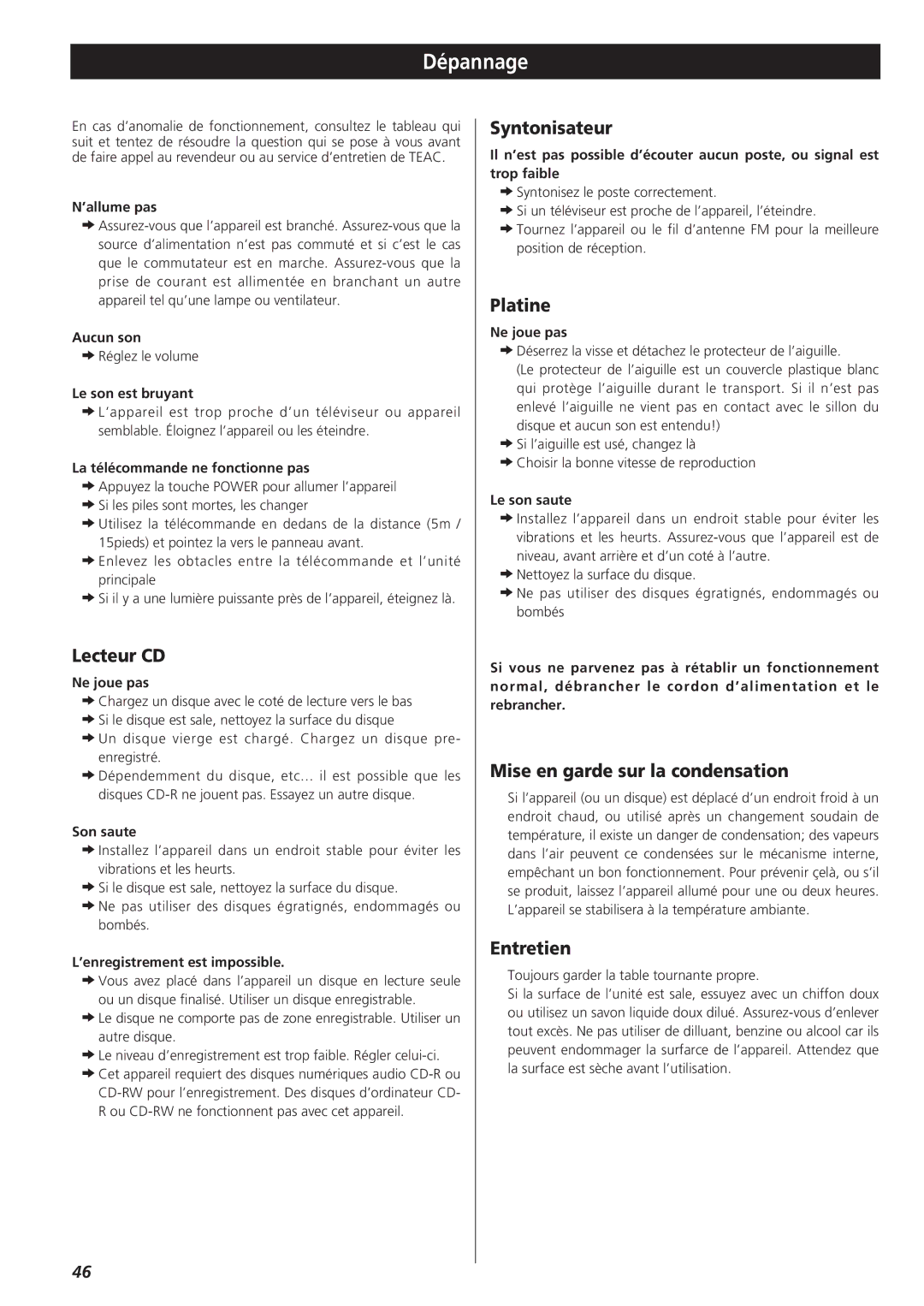 Teac GF-350 owner manual Dépannage 