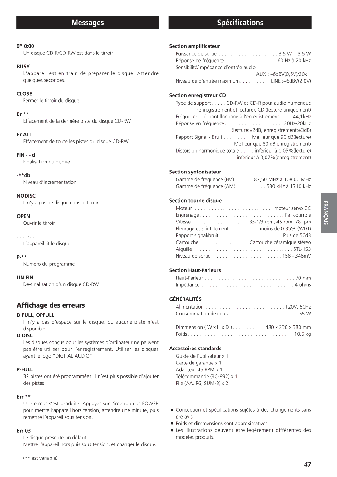 Teac GF-350 owner manual Spécifications, Affichage des erreurs, Généralités 