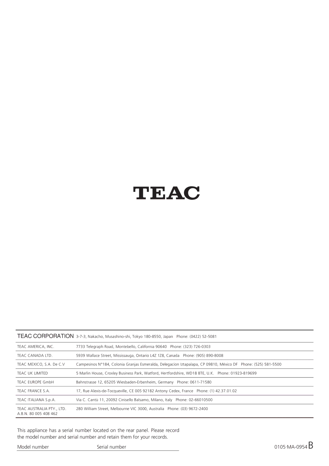 Teac GF-350 owner manual Teac Corporation, Model number Serial number 