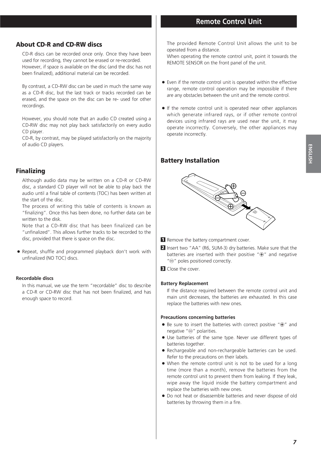 Teac GF-350 owner manual Remote Control Unit, About CD-R and CD-RW discs, Finalizing, Battery Installation 