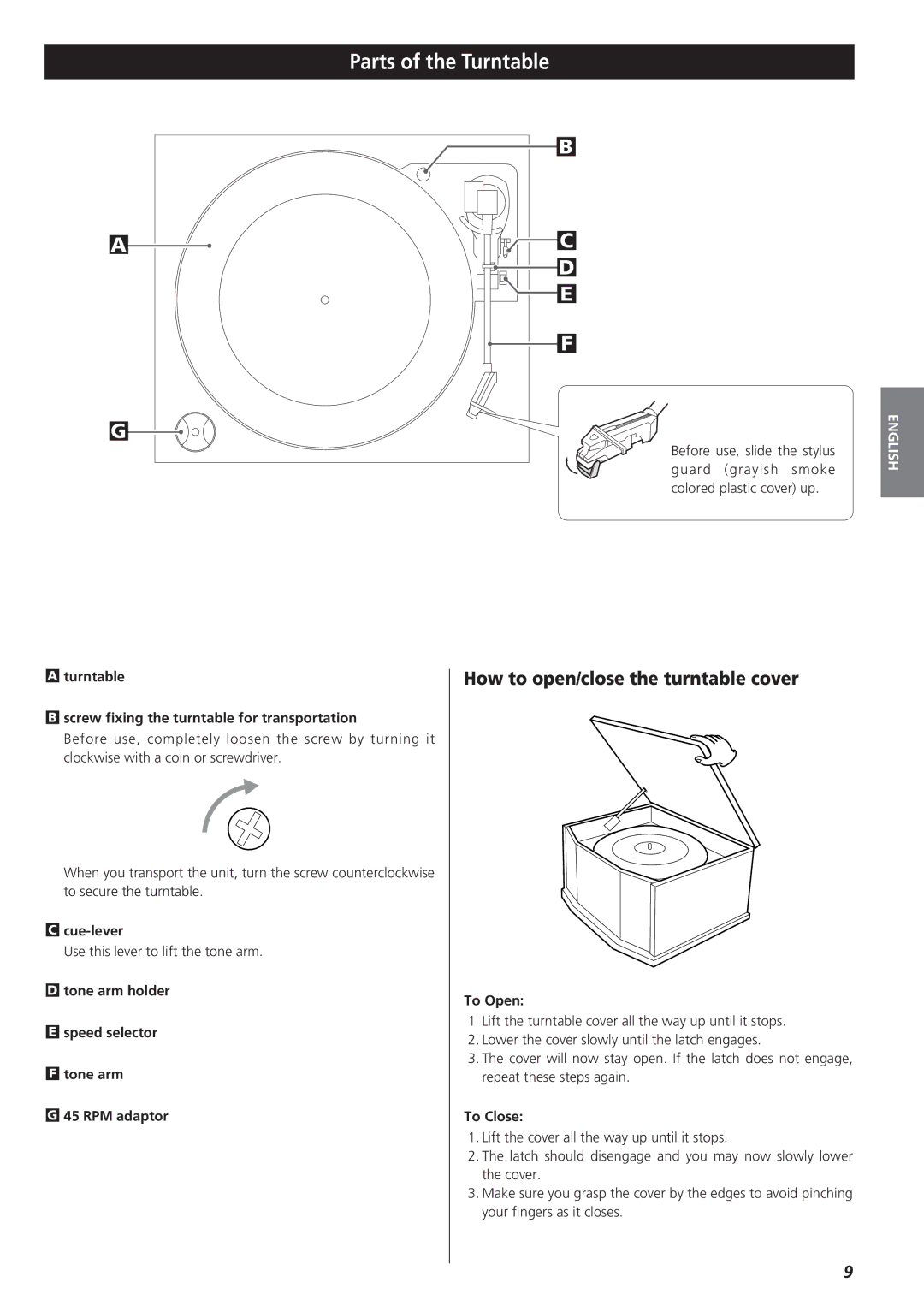 Teac GF-350 owner manual Parts of the Turntable, How to open/close the turntable cover 