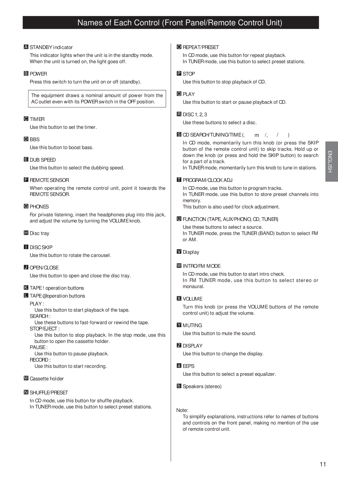 Teac Gf-680 owner manual Names of Each Control Front Panel/Remote Control Unit 