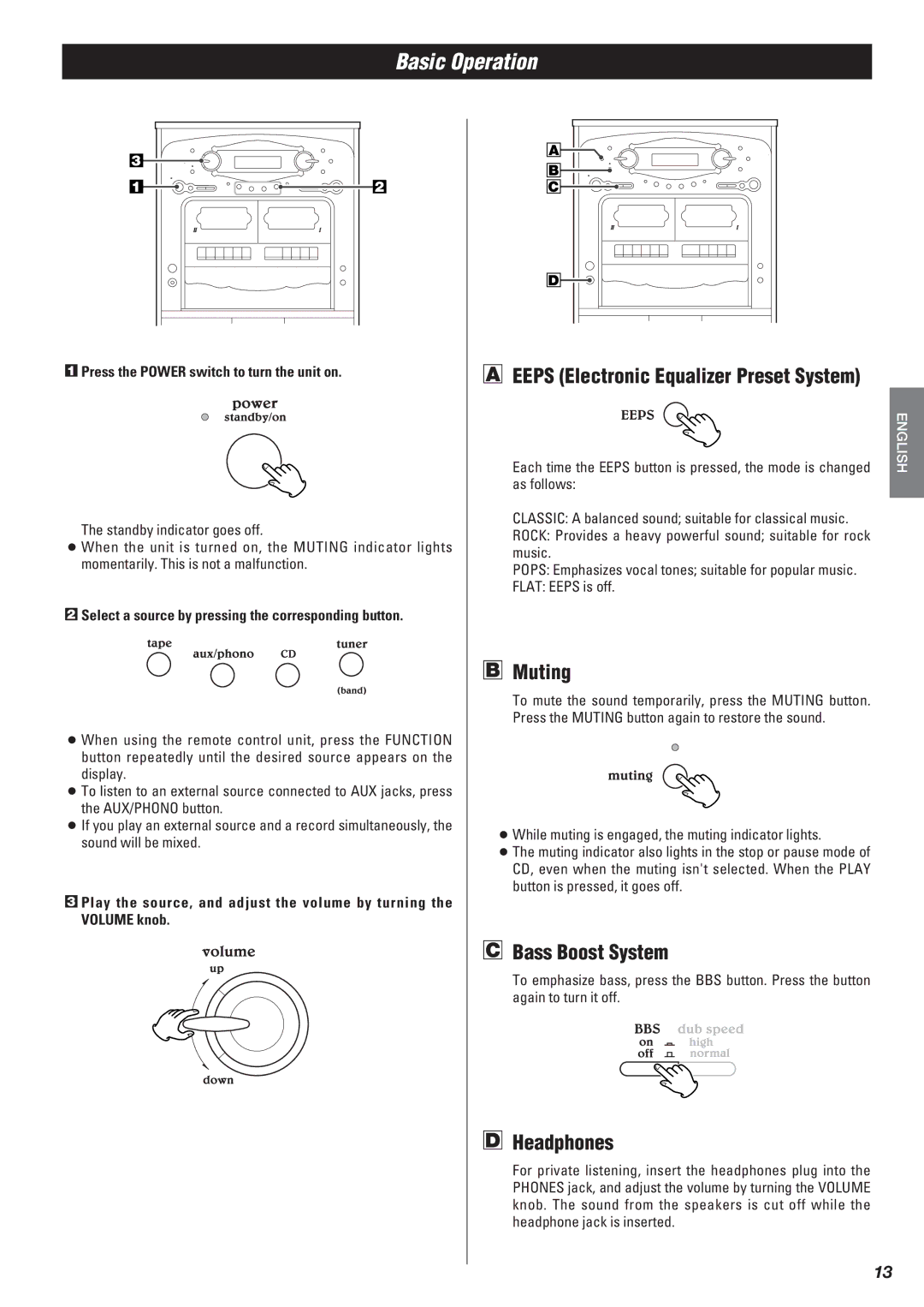 Teac Gf-680 owner manual Basic Operation, Eeps Electronic Equalizer Preset System, Muting, Bass Boost System, Headphones 