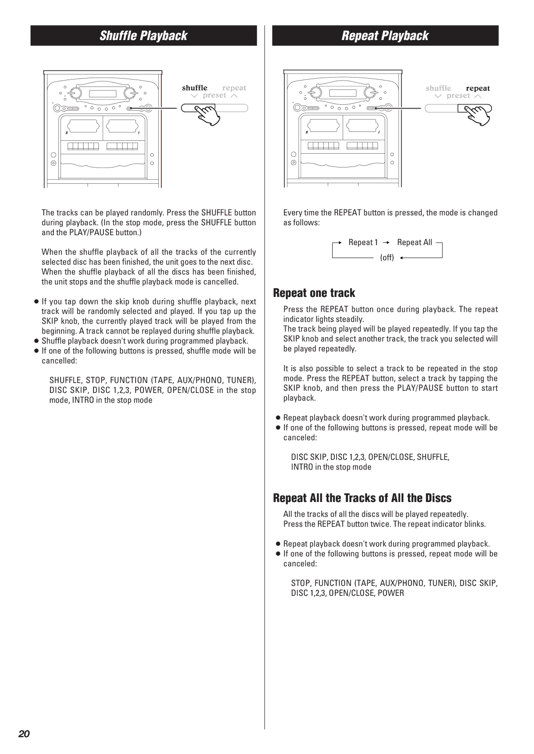 Teac Gf-680 owner manual Shuffle Playback, Repeat Playback, Repeat one track, Repeat All the Tracks of All the Discs 