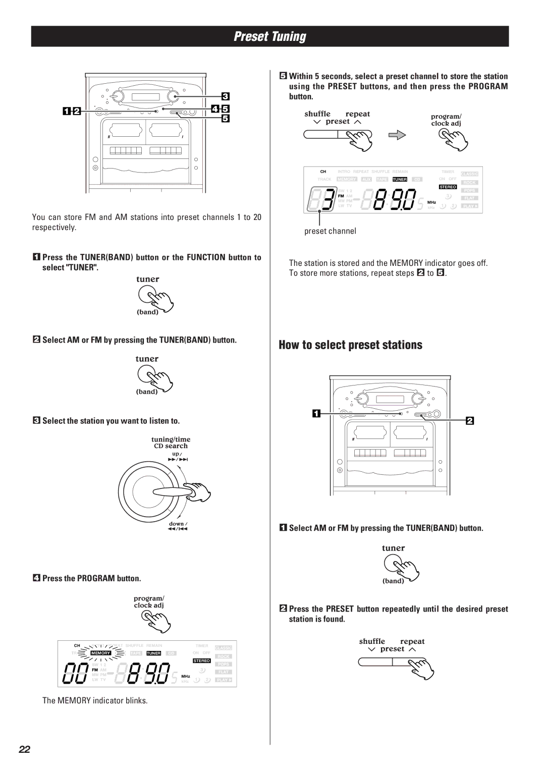 Teac Gf-680 owner manual Preset Tuning, How to select preset stations, Memory indicator blinks, Preset channel 