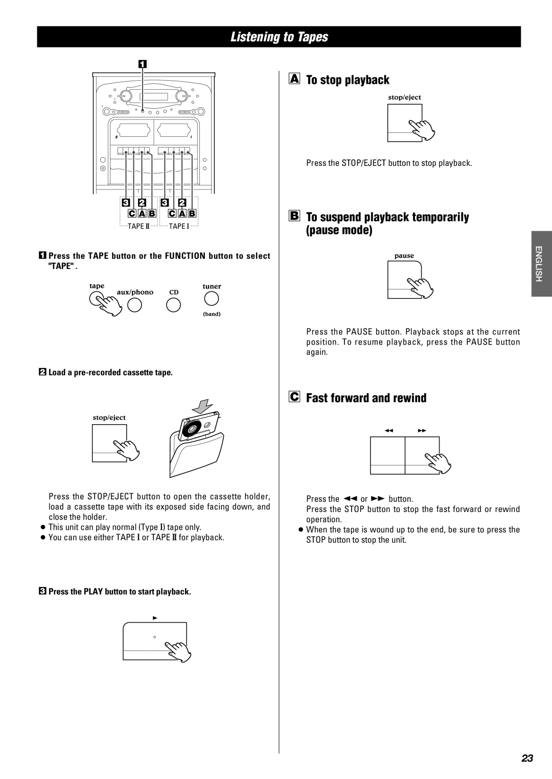 Teac Gf-680 owner manual Listening to Tapes, Fast forward and rewind, Press the STOP/EJECT button to stop playback 