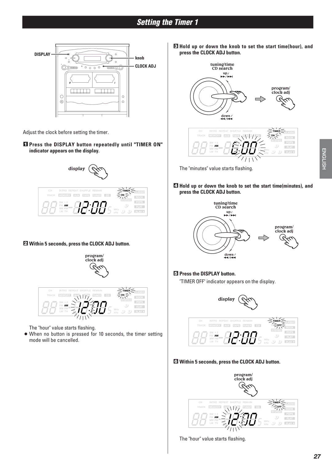 Teac Gf-680 Setting the Timer, Adjust the clock before setting the timer, Within 5 seconds, press the Clock ADJ button 