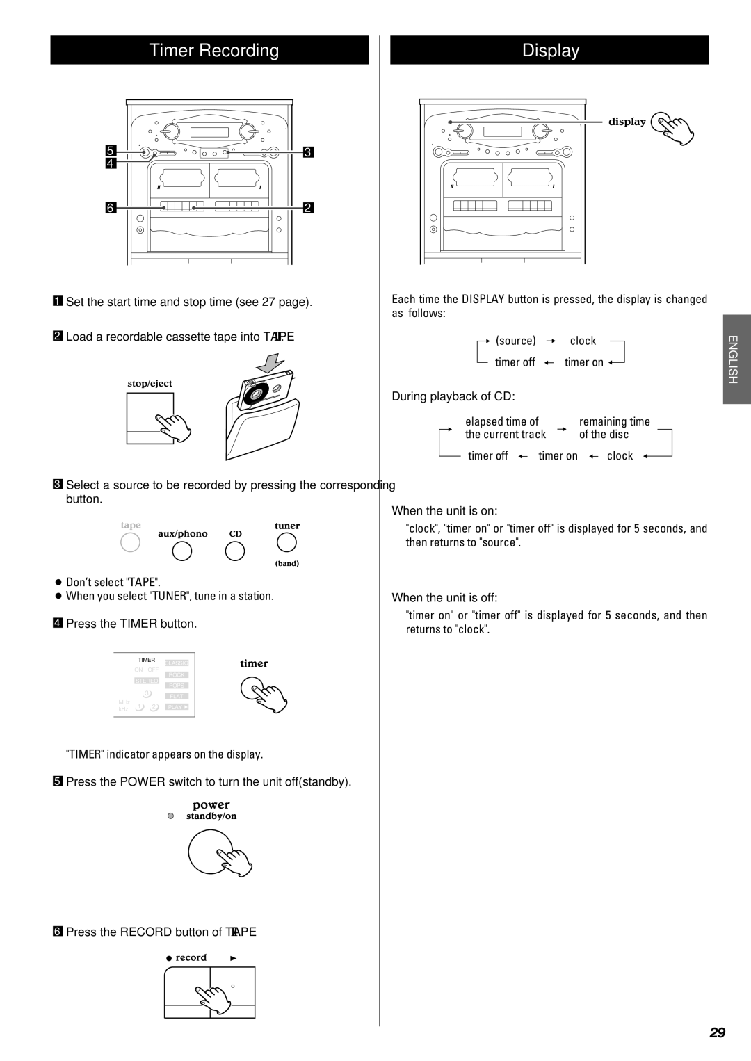 Teac Gf-680 owner manual Timer Recording, Display, During playback of CD, When the unit is on, When the unit is off 