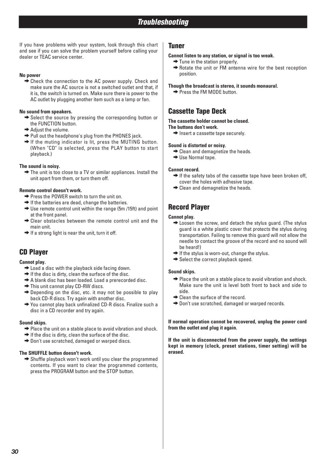 Teac Gf-680 owner manual Troubleshooting, CD Player, Tuner, Cassette Tape Deck, Record Player 