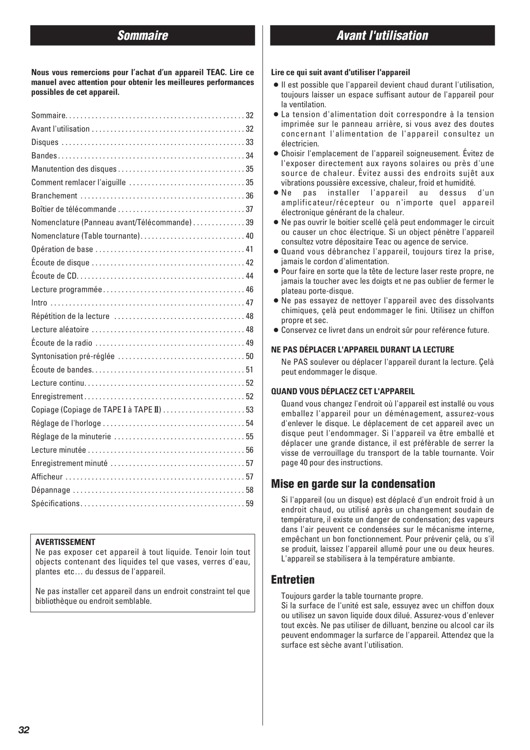 Teac Gf-680 owner manual Sommaire, Avant lutilisation, Mise en garde sur la condensation, Entretien 