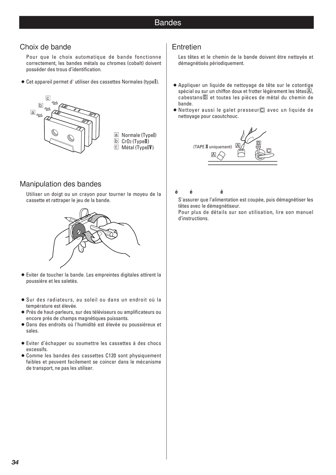 Teac Gf-680 Bandes, Choix de bande, Manipulation des bandes, Nettoyage du chemin de bande, Démagnétisation des têtes 