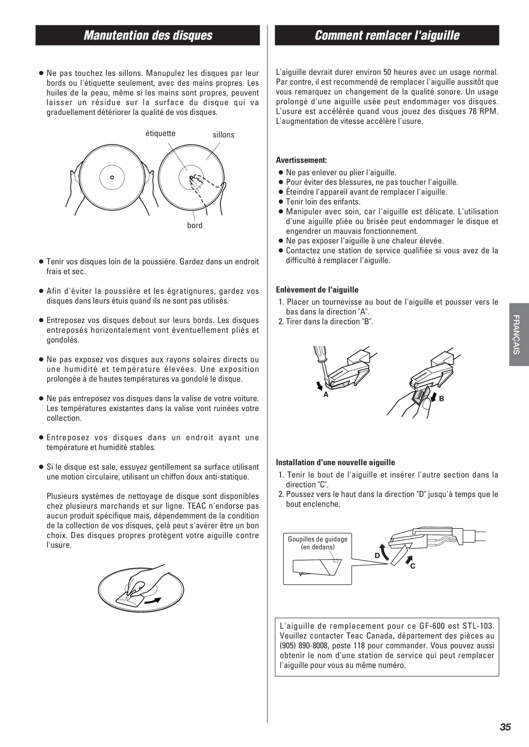 Teac Gf-680 owner manual Manutention des disques, Comment remlacer laiguille, Avertissement, Enlèvement de laiguille 