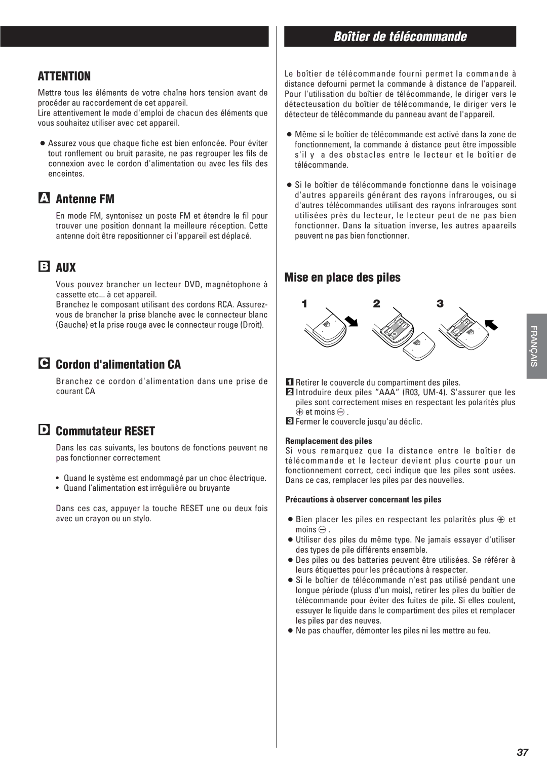 Teac Gf-680 Boîtier de télécommande, Antenne FM, Cordon dalimentation CA, Commutateur Reset, Mise en place des piles 