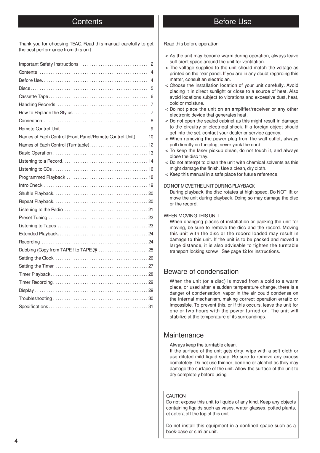 Teac Gf-680 owner manual Contents, Before Use 