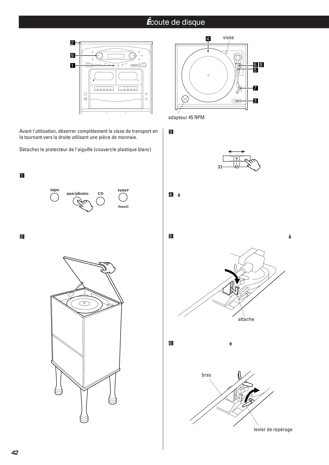 Teac Gf-680 owner manual Écoute de disque, Visse Adapteur 45 RPM, Choisir la vitesse, Attache, Bras Levier de repérage 