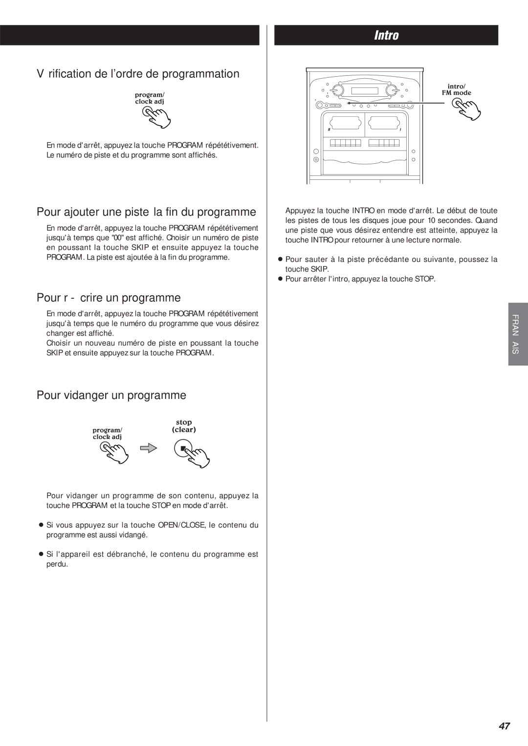 Teac Gf-680 owner manual Intro, Vérification de lordre de programmation, Pour ajouter une piste à la fin du programme 