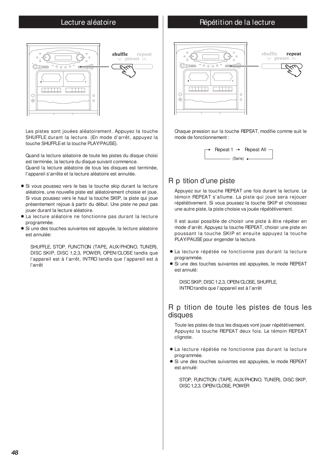 Teac Gf-680 Lecture aléatoire, Répétition de la lecture, Répétition dune piste, Intro tandis que l’appareil est à l’arrêt 