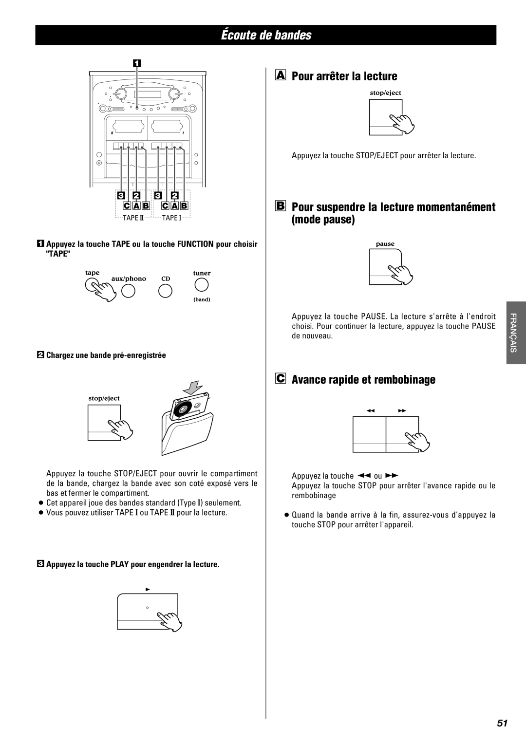 Teac Gf-680 Écoute de bandes, Avance rapide et rembobinage, Appuyez la touche STOP/EJECT pour arrêter la lecture 