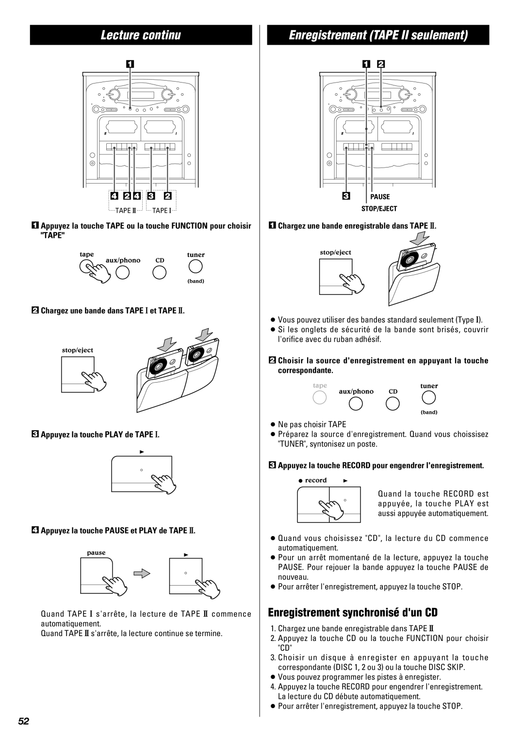 Teac Gf-680 owner manual Lecture continu, Enregistrement Tape II seulement, Enregistrement synchronisé dun CD 