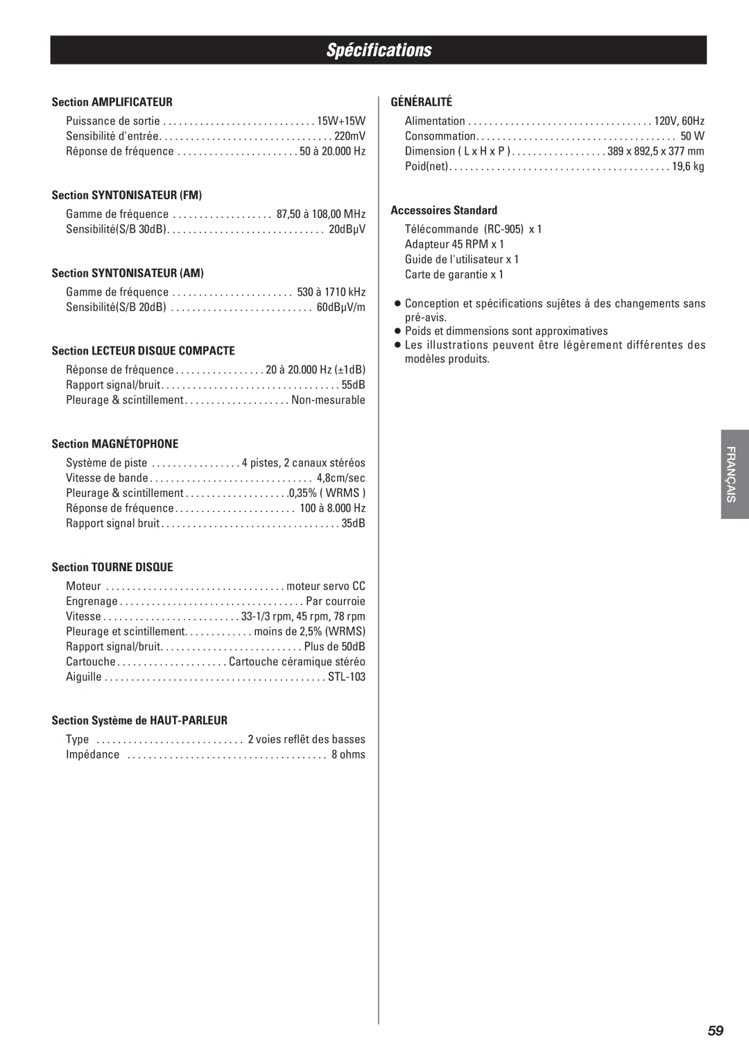 Teac Gf-680 owner manual Spécifications 