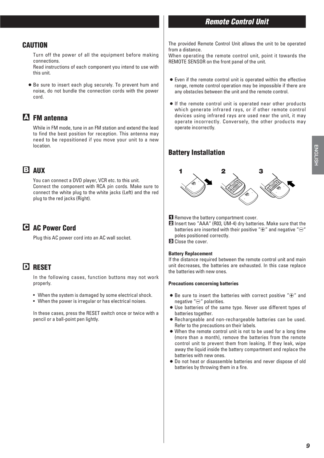 Teac Gf-680 owner manual Remote Control Unit, FM antenna, AC Power Cord, Battery Installation 