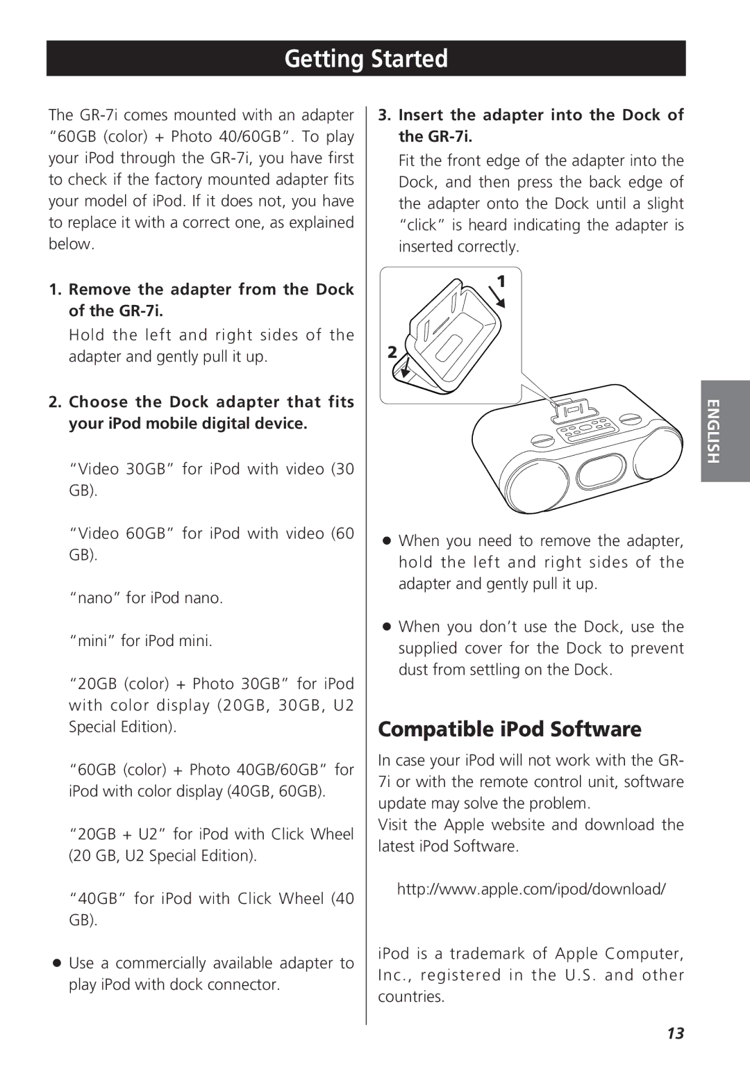 Teac owner manual Getting Started, Compatible iPod Software, Remove the adapter from the Dock of the GR-7i 