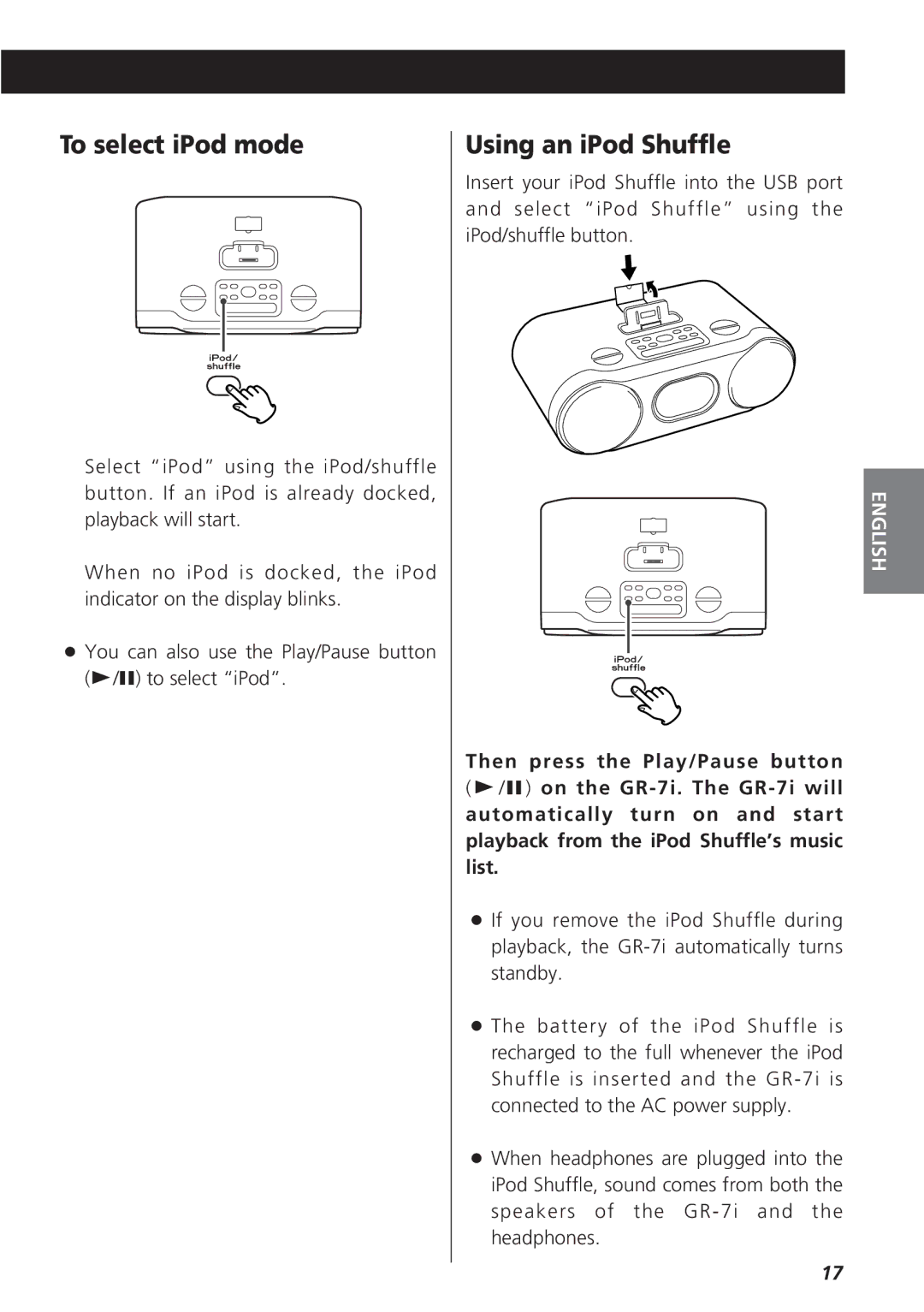 Teac GR-7i owner manual To select iPod mode, Using an iPod Shuffle 