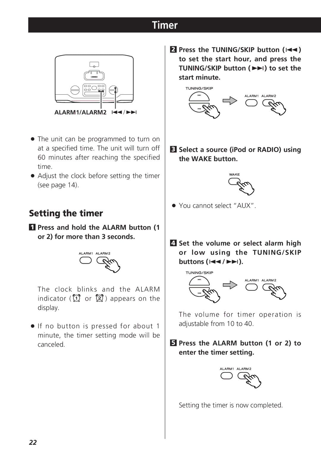 Teac GR-7i owner manual Timer, Setting the timer, Press the Alarm button 1 or 2 to enter the timer setting 