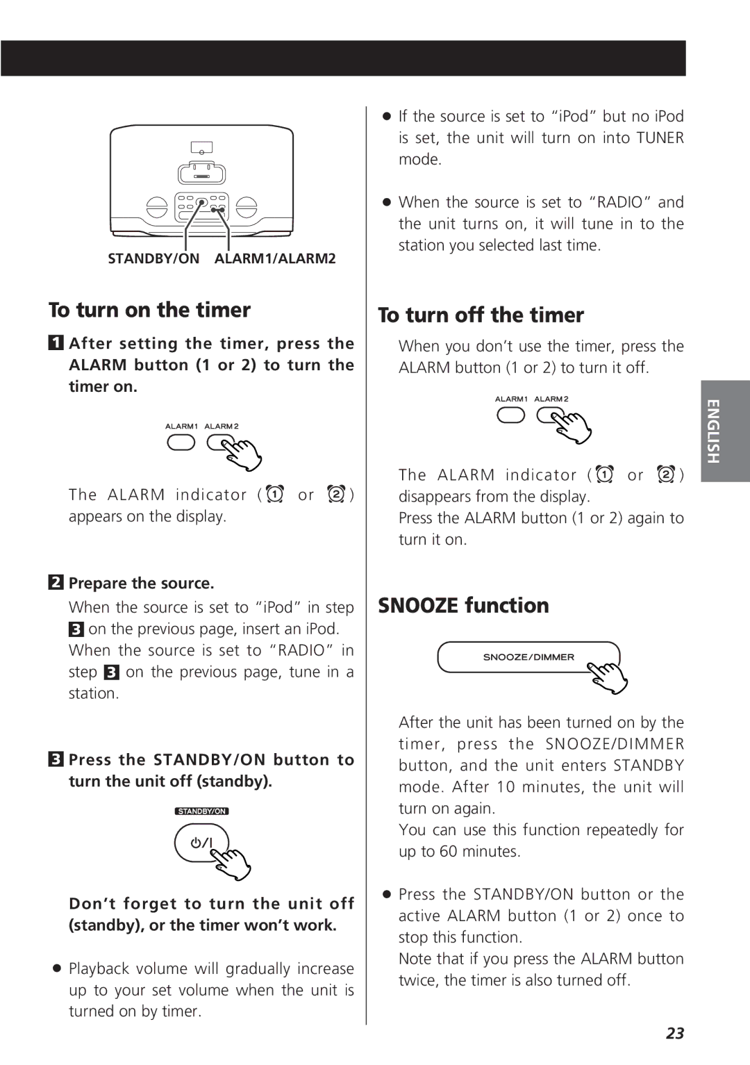 Teac GR-7i owner manual To turn on the timer, To turn off the timer, Snooze function, Prepare the source 