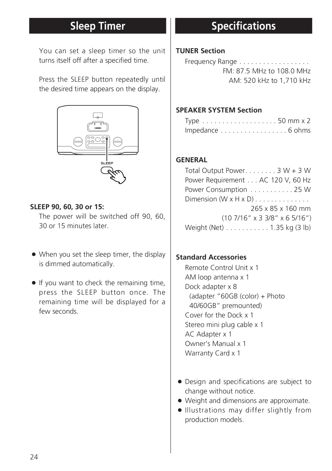 Teac GR-7i owner manual Sleep Timer, Specifications 