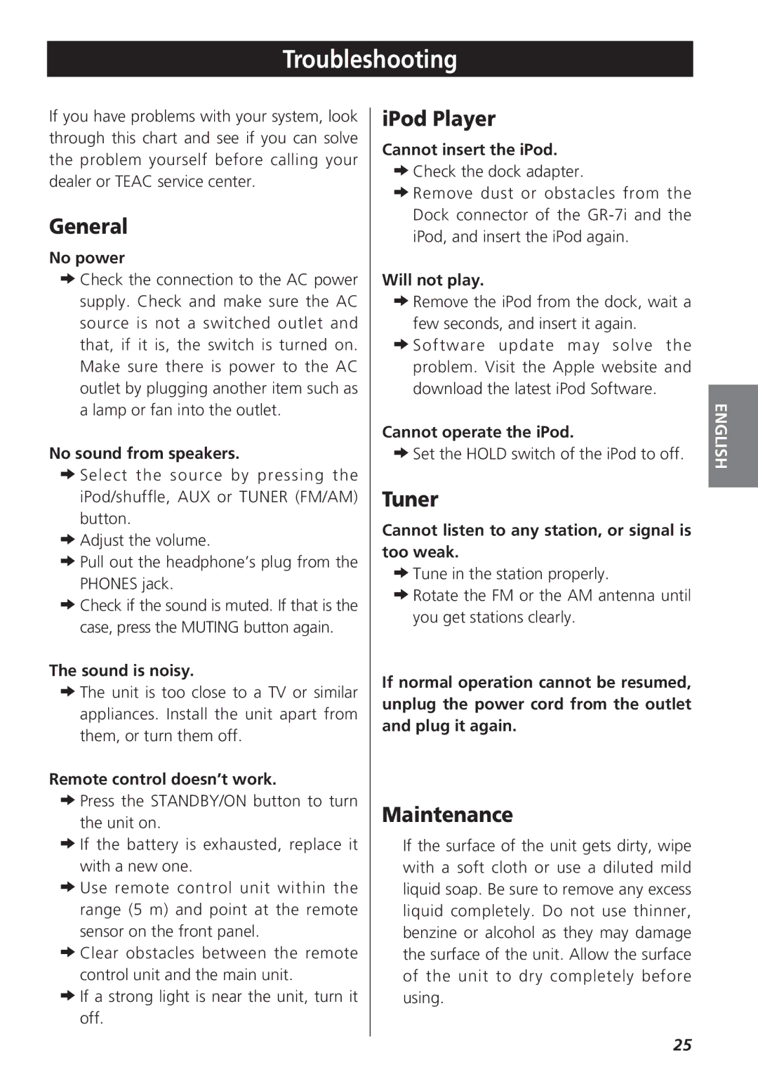 Teac GR-7i owner manual Troubleshooting, General, IPod Player, Tuner, Maintenance 